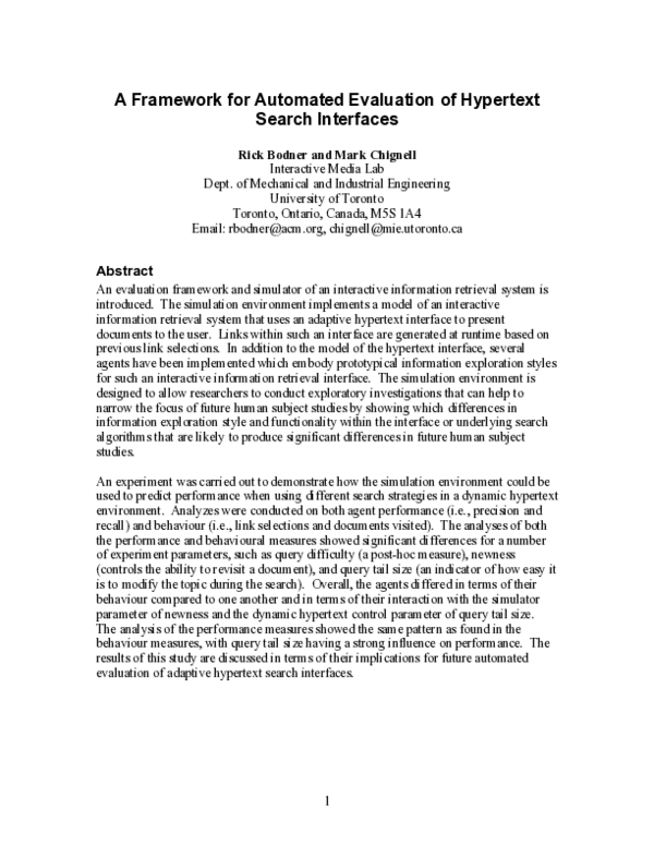 (PDF) 1 A Framework for Automated Evaluation of Hypertext Search Interfaces