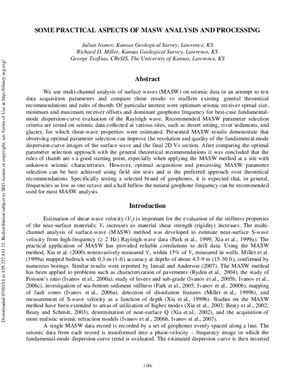 (PDF) Some Practical Aspects of MASW Analysis and Processing