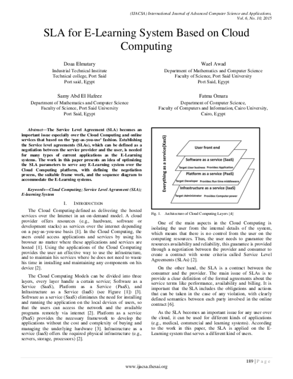 (PDF) SLA for E-Learning System Based on Cloud Computing