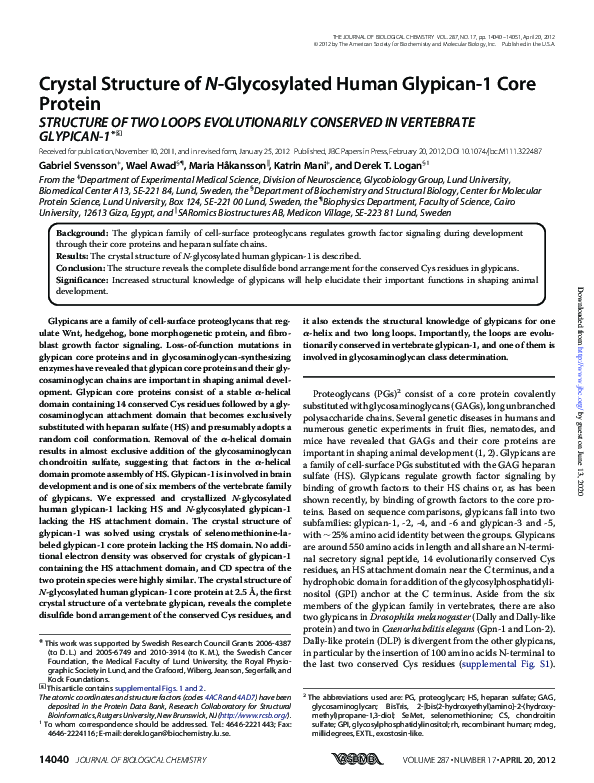 (PDF) Crystal Structure of N-Glycosylated Human Glypican-1 Core Protein