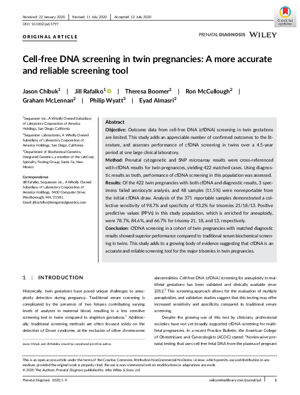 (PDF) Cell‐free DNA screening in twin pregnancies: A more accurate and ...