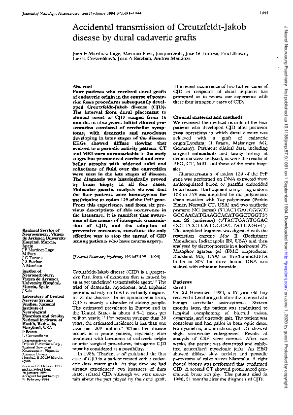 (PDF) Accidental transmission of CreutzfeldtJakob disease by dural