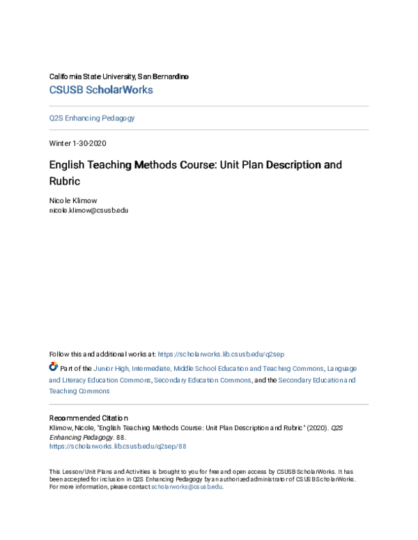 (PDF) English Teaching Methods Course: Unit Plan Description and Rubric ...