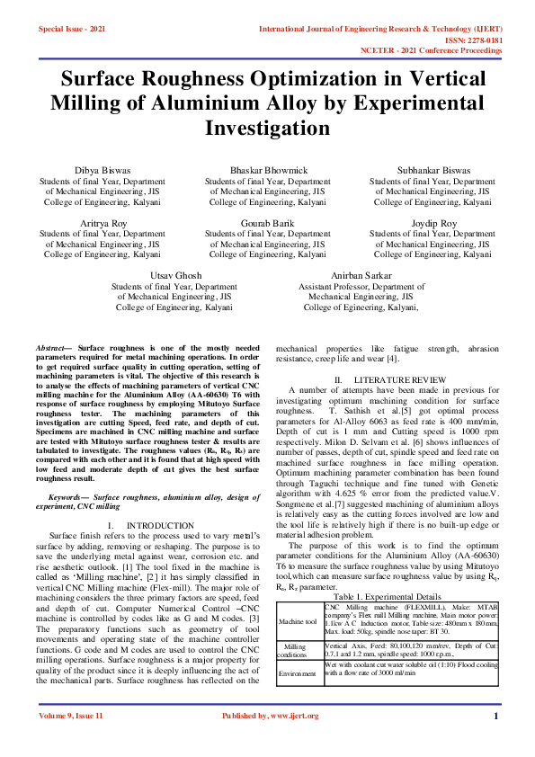(PDF) Surface Roughness Optimization in Vertical Milling of Aluminium ...