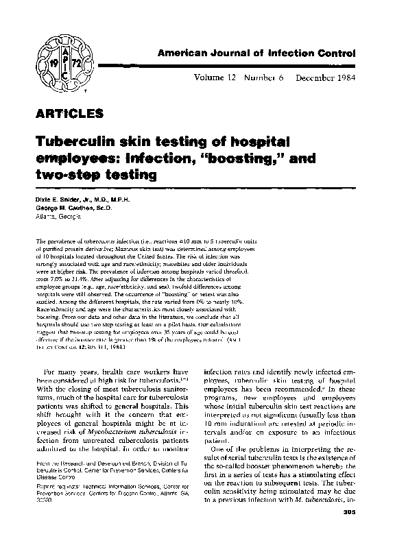(PDF) Tuberculin skin testing of hospital employees: Infection ...