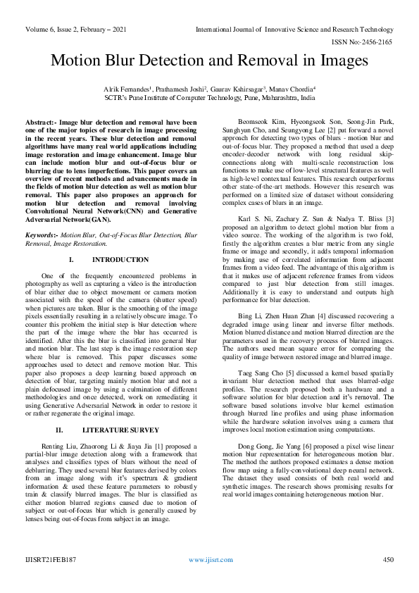 (PDF) Motion Blur Detection and Removal in Images Alrik Fernandes
