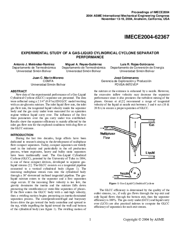 (PDF) Experimental Study of a Gas-Liquid Cylindrical Cyclone Separator ...