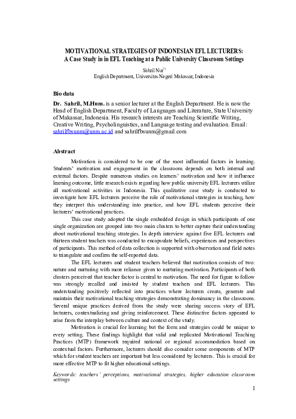 (DOC) MOTIVATIONAL STRATEGIES OF INDONESIAN EFL LECTURERS A Case Study ...