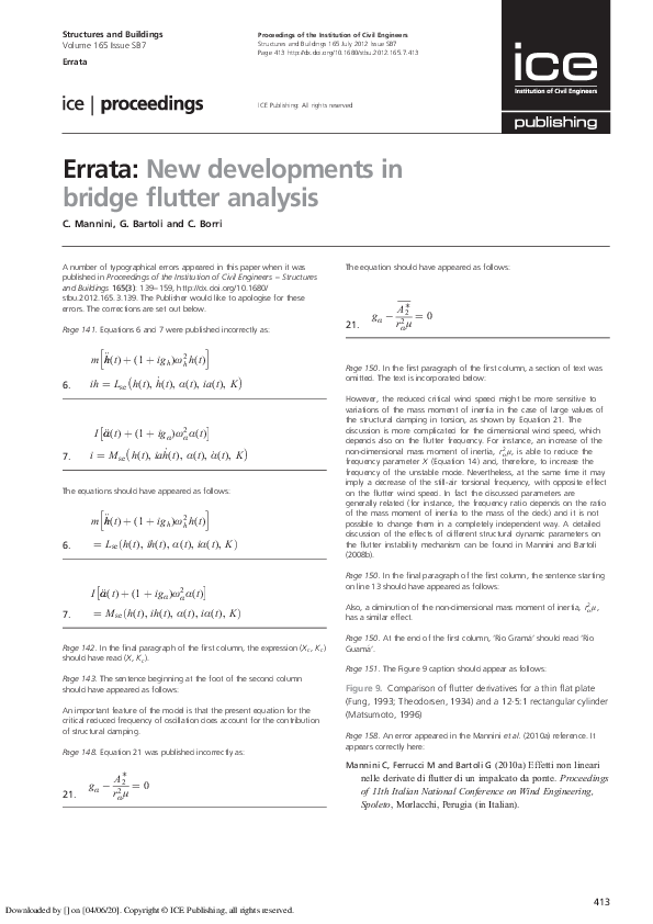 (PDF) Errata: New developments in bridge flutter analysis