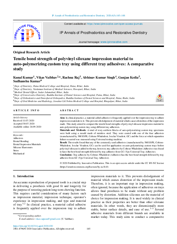 (PDF) Tensile bond strength of polyvinyl siloxane impression material ...