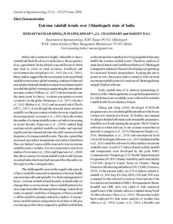 (PDF) Extreme rainfall trends over Chhattisgarh state of India
