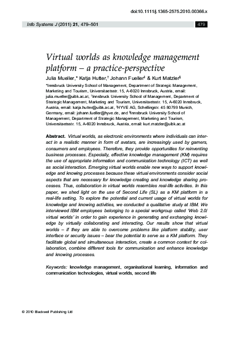 (PDF) Virtual worlds as knowledge management platform - a practice ...