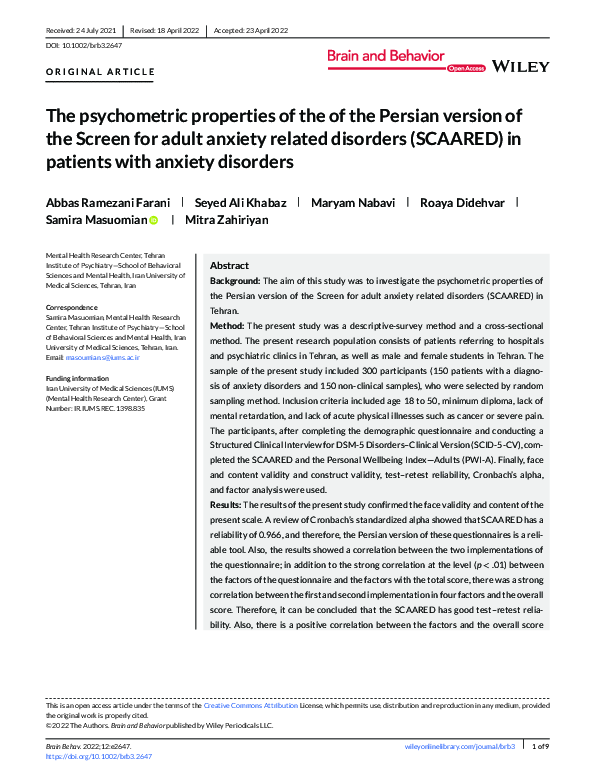 (PDF) The psychometric properties of the of the Persian version of the ...