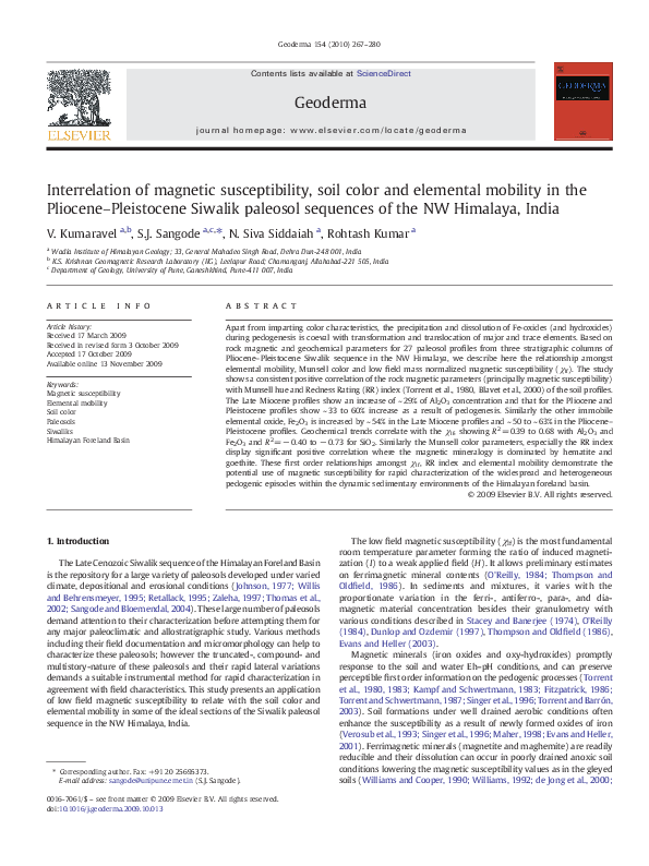 Interrelation of magnetic susceptibility, soil color and elemental mobility in the Pliocene–Pleistocene Siwalik paleosol sequences of the NW Himalaya, India