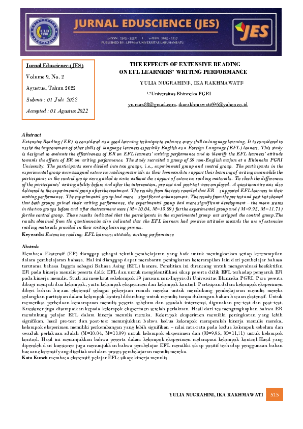 (PDF) The effect of extensive reading on EFL learners writing performance