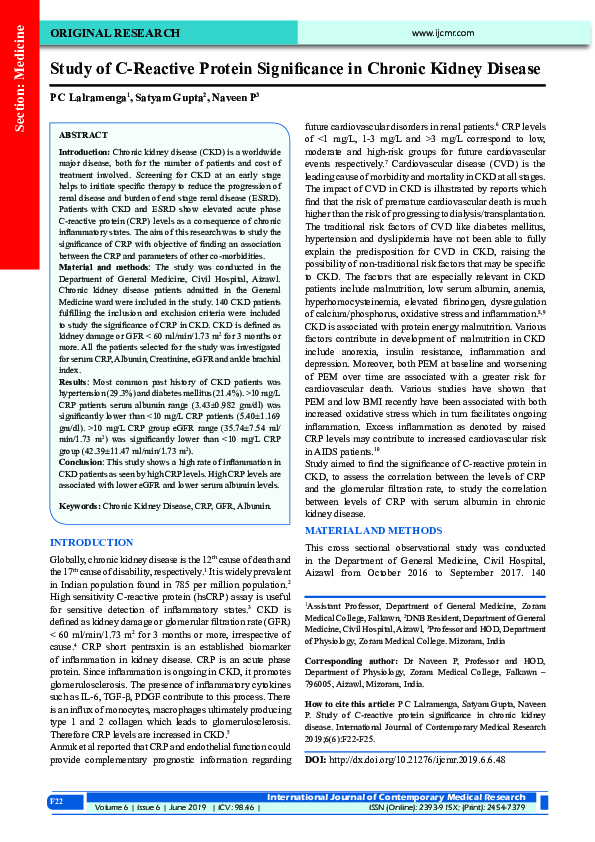 (PDF) Study of CReactive Protein Significance in Chronic Kidney