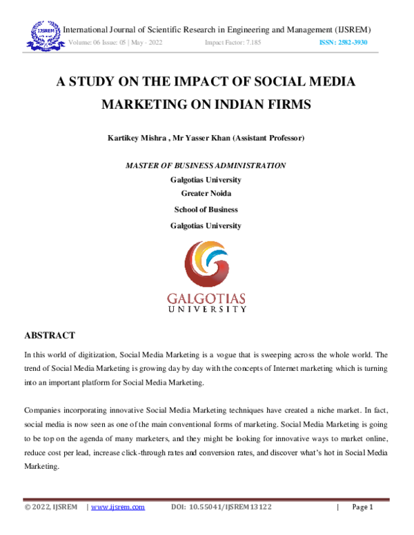 (PDF) A Study on the Impact of Social Media Marketing on Indian Firms