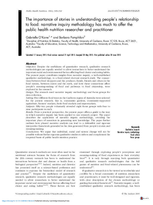 The importance of stories in understanding people’s relationship to food: narrative inquiry methodology has much to offer the public health nutrition researcher and practitioner