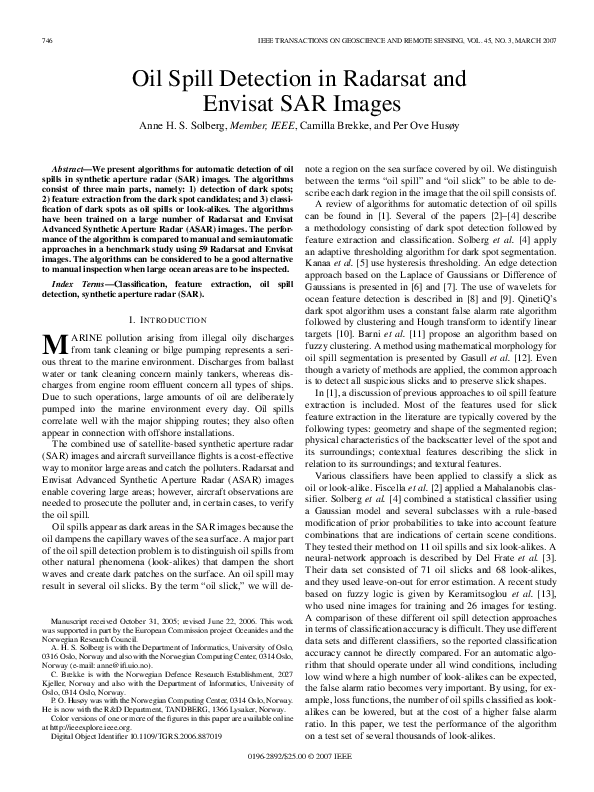 (PDF) Oil Spill Detection in Radarsat and Envisat SAR Images