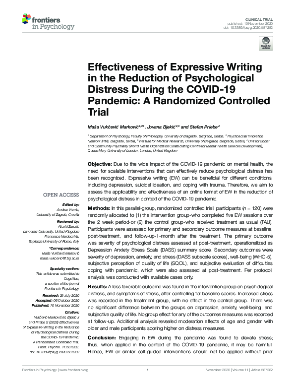 (PDF) Effectiveness of Expressive Writing in the Reduction of ...