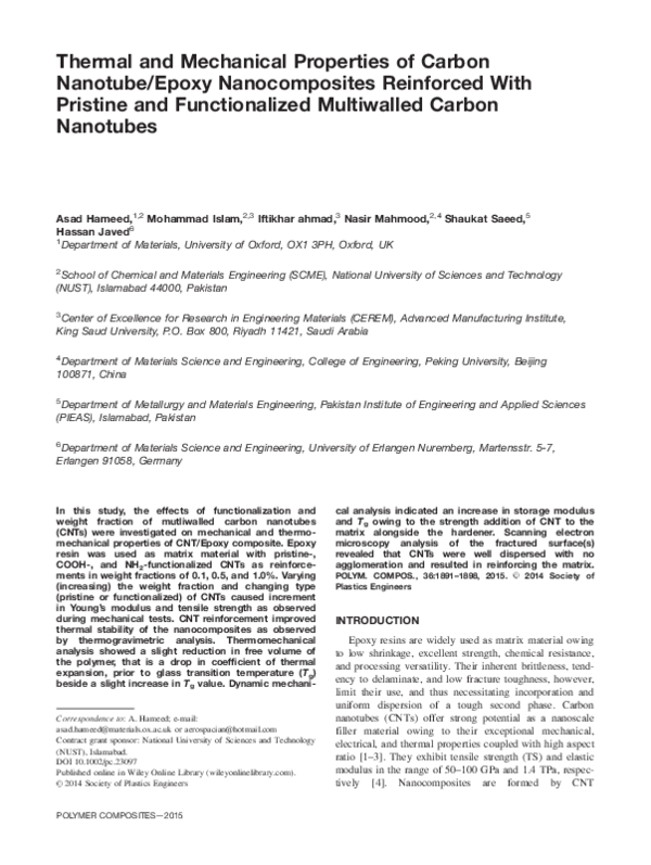 (PDF) Thermal and mechanical properties of carbon nanotube/epoxy ...