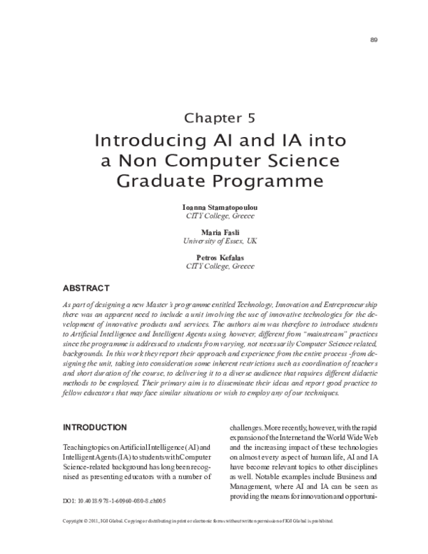 (PDF) Introducing AI and IA into a Non Computer Science Graduate Programme