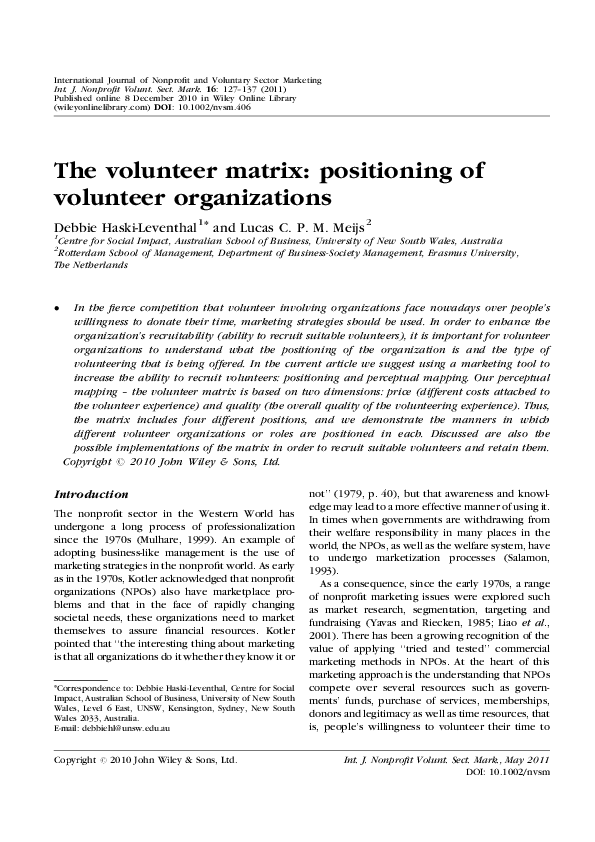 (PDF) The volunteer matrix: positioning of volunteer organizations
