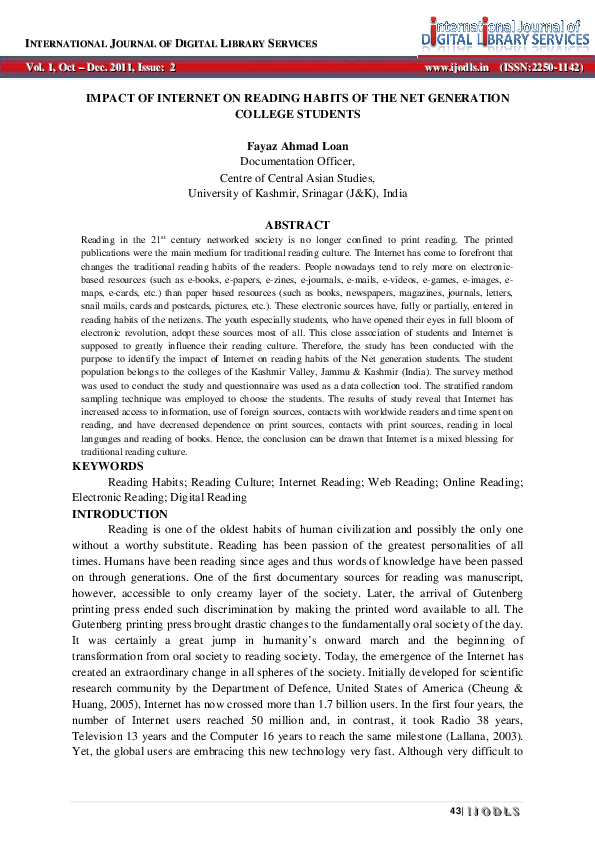 (PDF) IMPACT OF INTERNET ON READING HABITS OF THE NET GENERATION ...