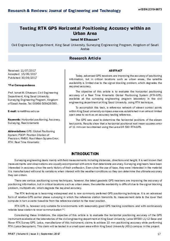 (PDF) Testing RTK GPS Horizontal Positioning Accuracy within an Urban Area