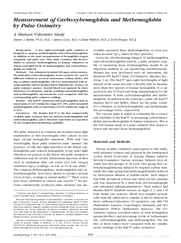 (PDF) Measurement of Carboxyhemoglobin and Methemoglobin by Pulse