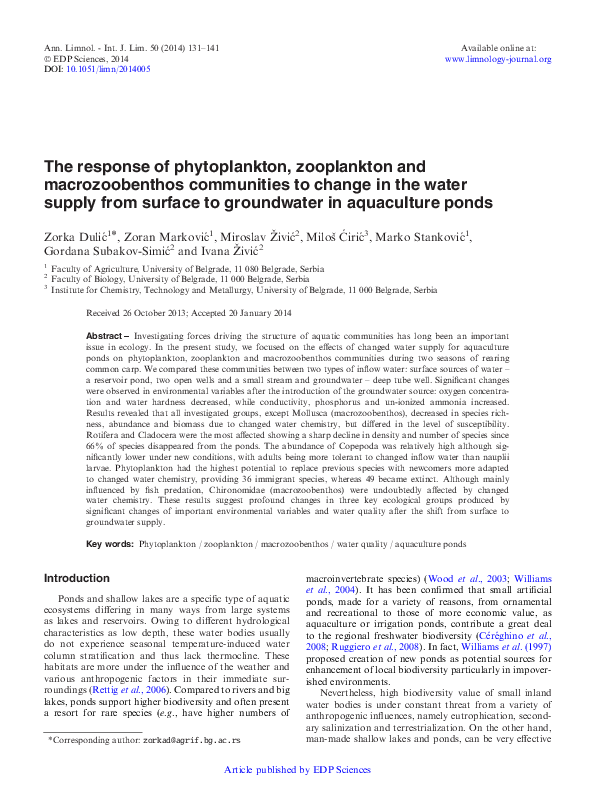 (PDF) The response of phytoplankton, zooplankton and macrozoobenthos ...