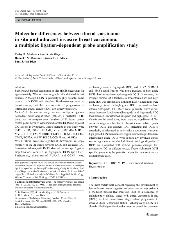 (PDF) Molecular differences between ductal carcinoma in situ and ...