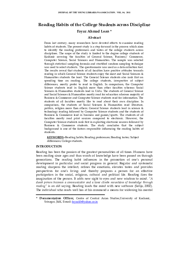 (PDF) Reading Habits of the College Students across Disciplines