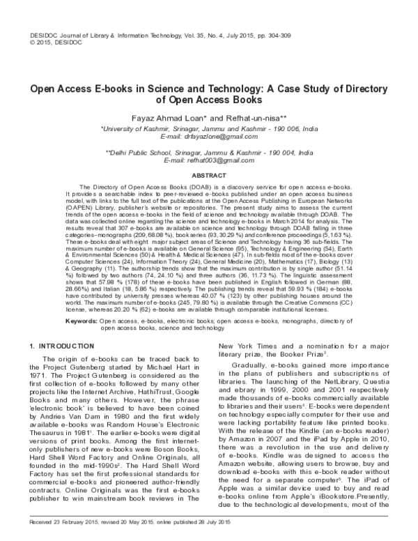 (PDF) Open Access E-books in Science and Technology: A Case Study of ...
