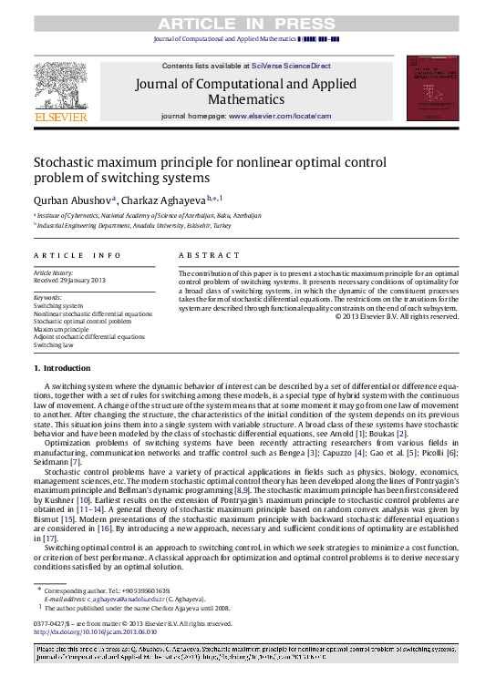 (PDF) Stochastic maximum principle for nonlinear optimal control ...