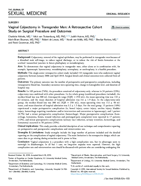 (PDF) Vaginal Colpectomy in Transgender Men: A Retrospective Cohort ...
