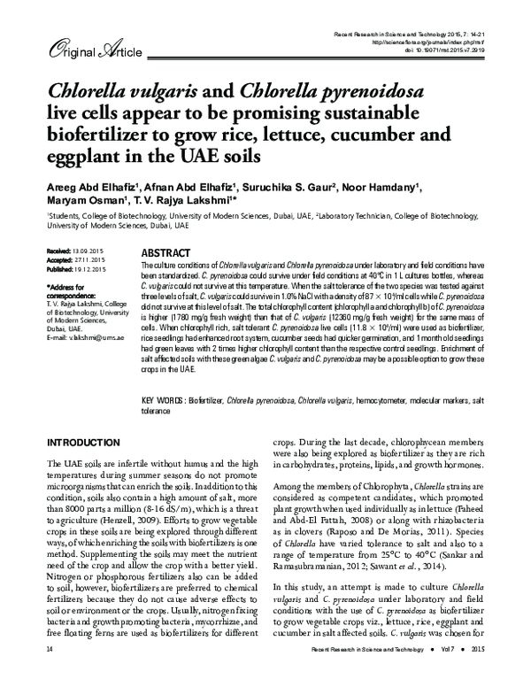 (PDF) Chlorella vulgaris and Chlorella pyrenoidosa live cells appear to ...