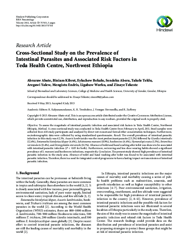 (PDF) Cross-Sectional Study on the Prevalence of Intestinal Parasites ...