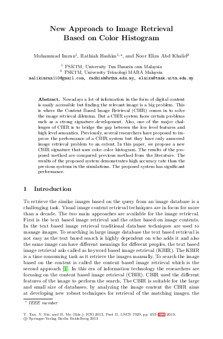 (PDF) New Approach to Image Retrieval Based on Color Histogram