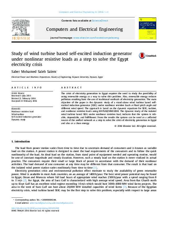 (PDF) Study of wind turbine based self-excited induction generator ...