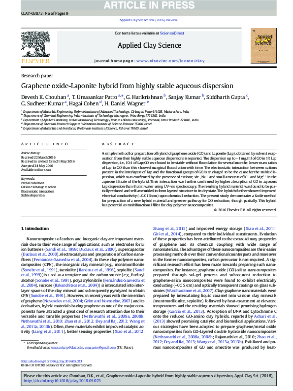 (PDF) Graphene oxide-Laponite hybrid from highly stable aqueous dispersion