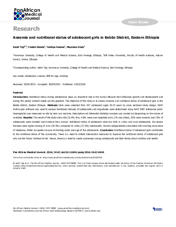 (PDF) Anaemia and nutritional status of adolescent girls in Babile ...