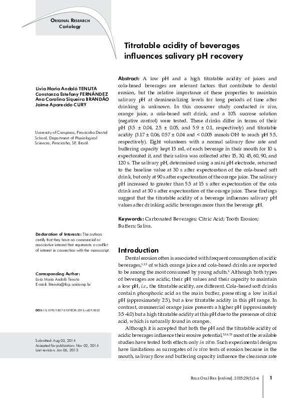 (PDF) Titratable acidity of beverages influences salivary pH recovery