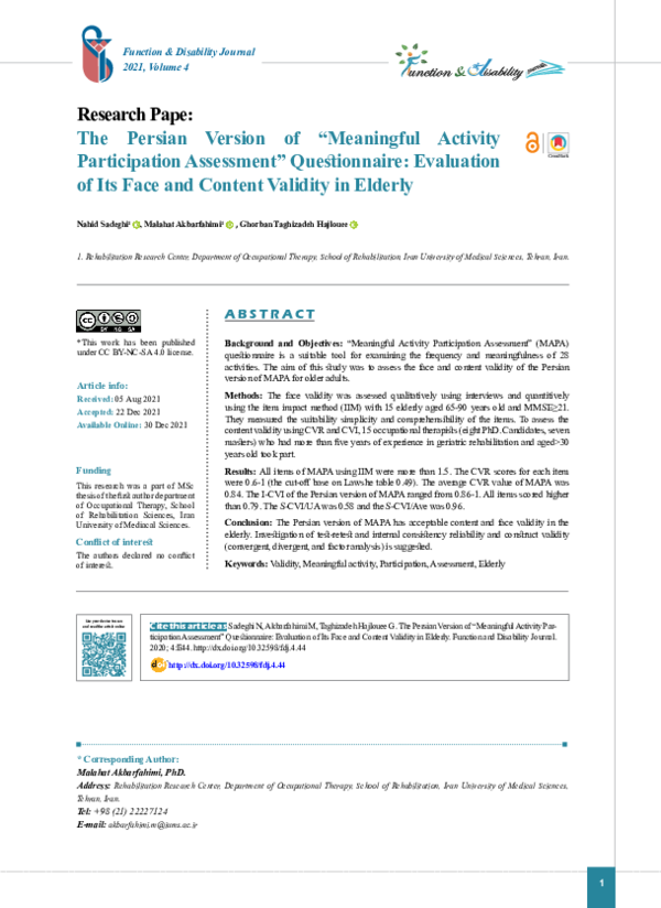 (PDF) The Persian Version of “Meaningful Activity Participation ...