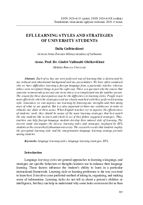 (PDF) EFL Learning Styles and Strategies of University Students