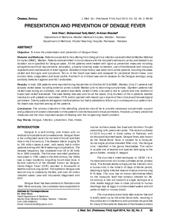 (PDF) Presentation and Prevention of Dengue Fever