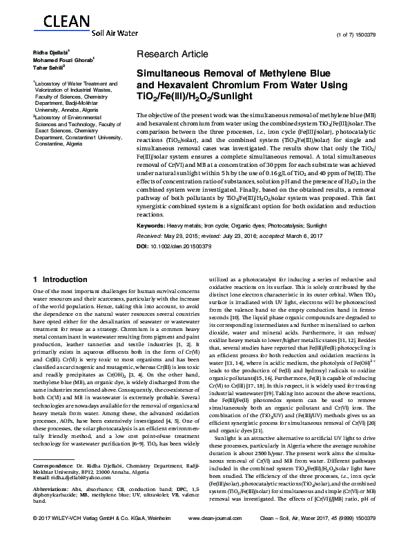 (PDF) Simultaneous Removal of Methylene Blue and Hexavalent Chromium ...