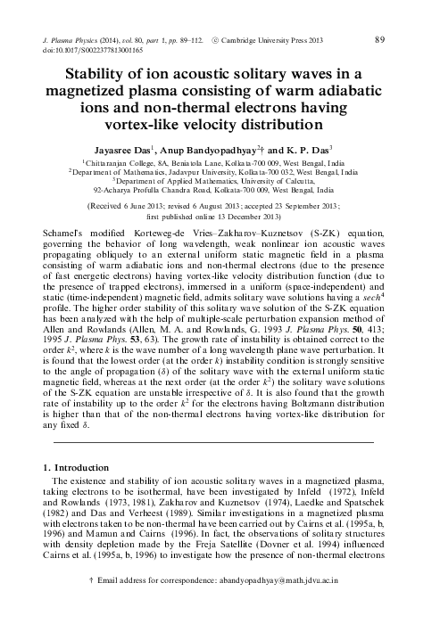 (PDF) Stability of ion acoustic solitary waves in a magnetized plasma ...