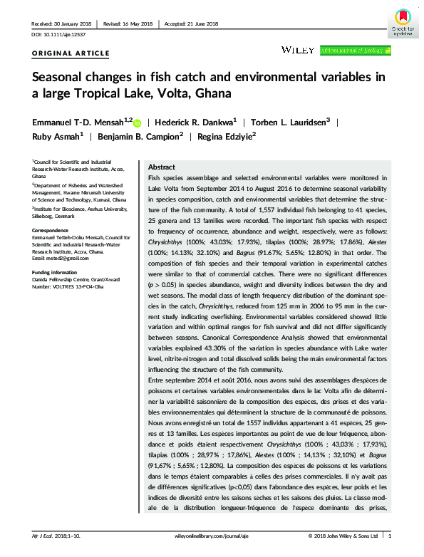 (PDF) Seasonal changes in fish catch and environmental variables in a ...