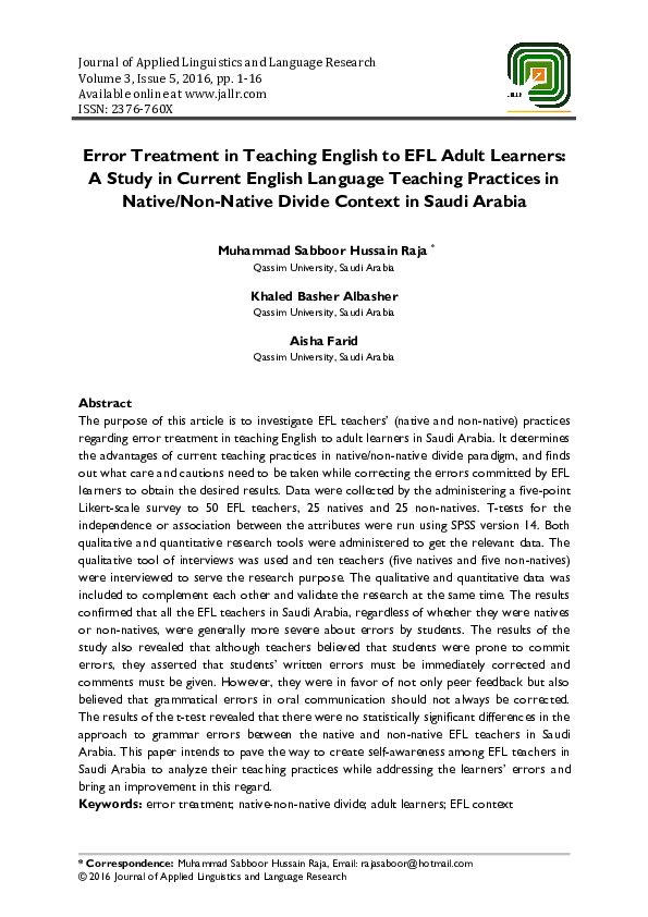 (PDF) Error Treatment in Teaching English to EFL Adult Learners: A ...